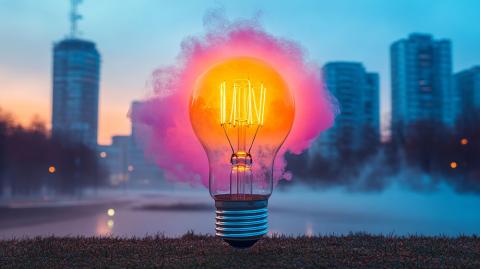 Light bulb in front of city skyline.