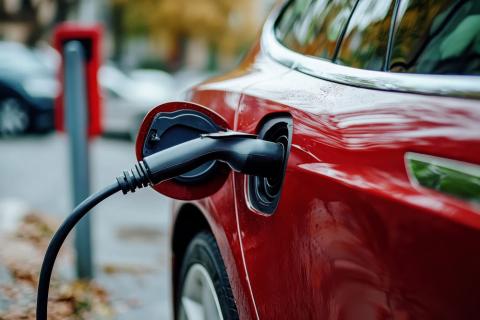 Red electric car being charged 