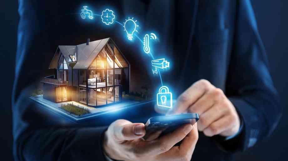 Smart home concept art with smart home app icons.