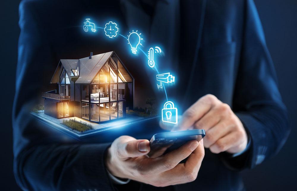 Smart home concept with person using smartphone.